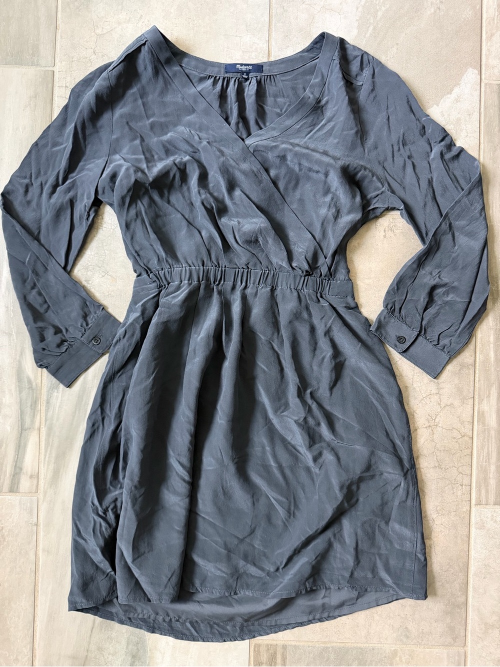 Madewell Silk Faux Wrap Dress Surplice Bracelet Sleeves Dark Gray 2 US